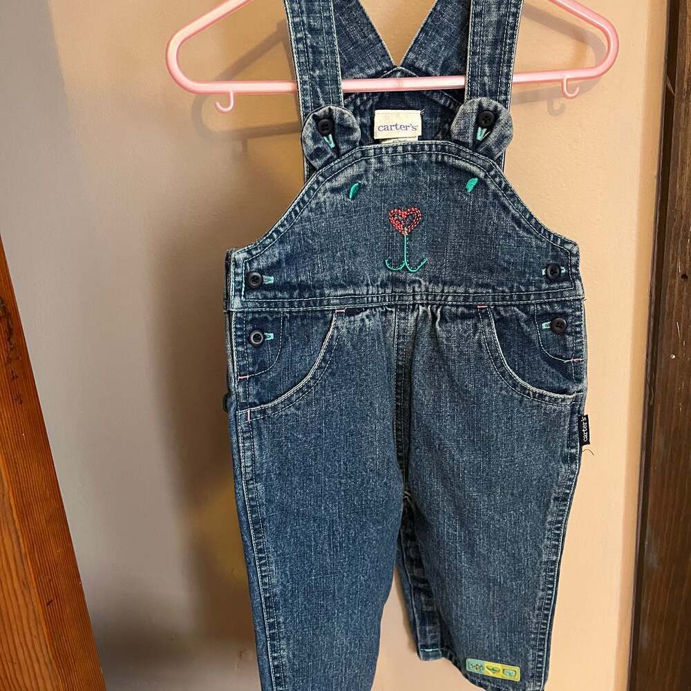 Vintage Carters Blue Denim Overalls Bear Face Heart Size (9-12 Months) - Picture 1 of 4